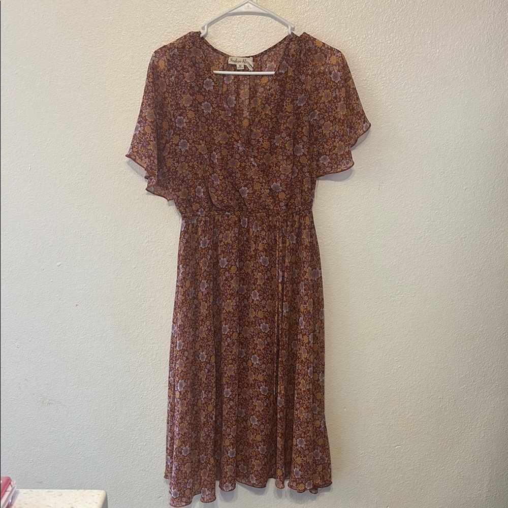 Floral Midi Dress in Brown and Lavender - Brand: